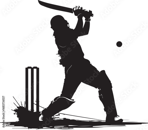 Silhouette of a cricket batsman powerfully swinging a bat at a ball, with wickets and abstract paint splatters, on a white background