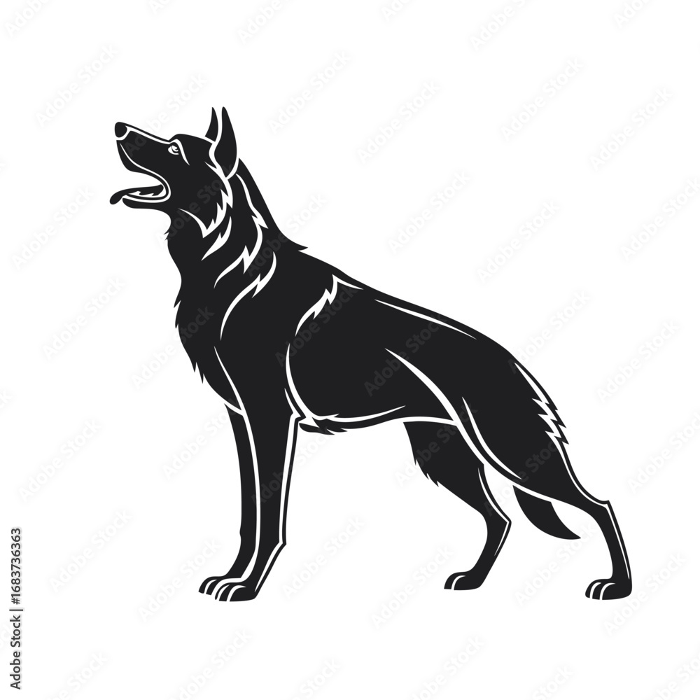 Fototapeta premium Silhouette of a Majestic German Shepherd A Striking Black and White Vector Illustration
