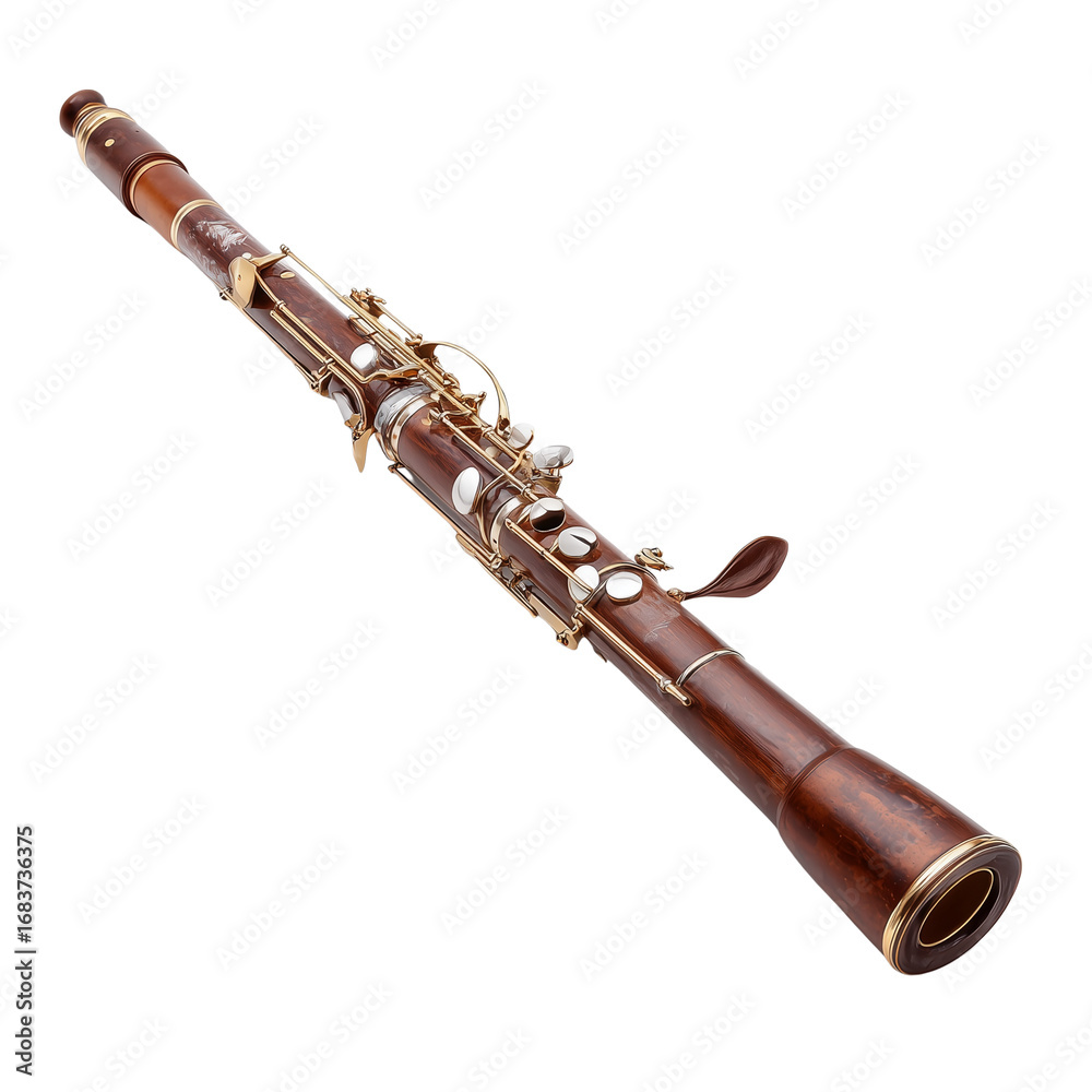 Naklejka premium High-quality image of a beautiful smooth brown wood bassoon musical instrument detailed close-up transparent background