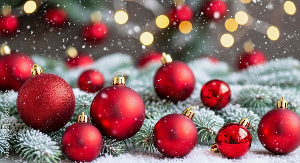 Naklejka premium Christmas ornaments on snowy branches with bokeh lights creating a festive holiday season atmosphere scene