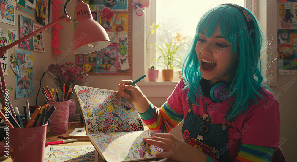 Fototapeta premium Creative young woman drawing colorful abstract doodles, ADHD representation, neurodiversity and mental health awareness