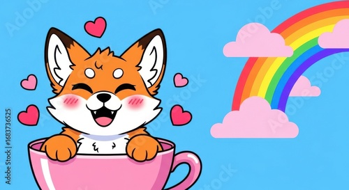 Adorable Fox in a Teacup with Rainbow and Hearts Floating