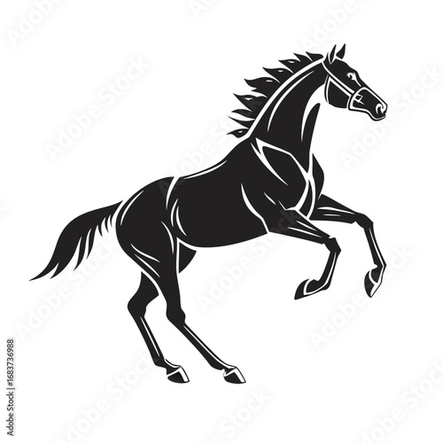 Stylized black silhouette of a powerful rearing stallion. An abstracted and simple vector graphic icon representing strength, freedom, and equestrian spirit