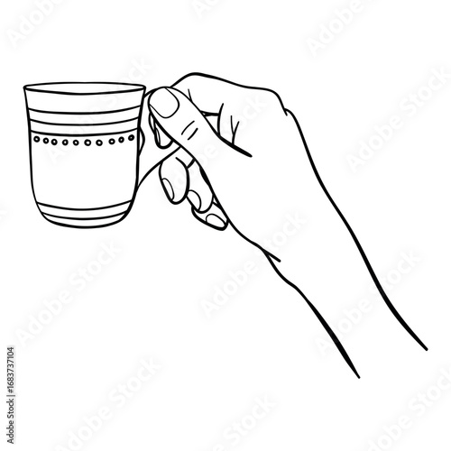 Hand with coffee cup vector line illustration. Female hand holding small coffee cup. Friendship, sisterhood, caffeine concept..