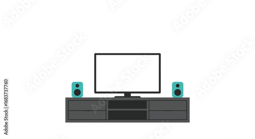 Television and speakers on a media console isolated on white background, showcasing home entertainment setup in a modern, minimalist style