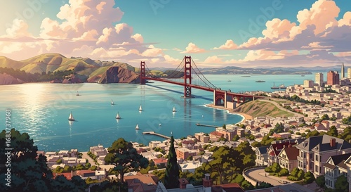 Retro Anime Style San Francisco Bay Landscape