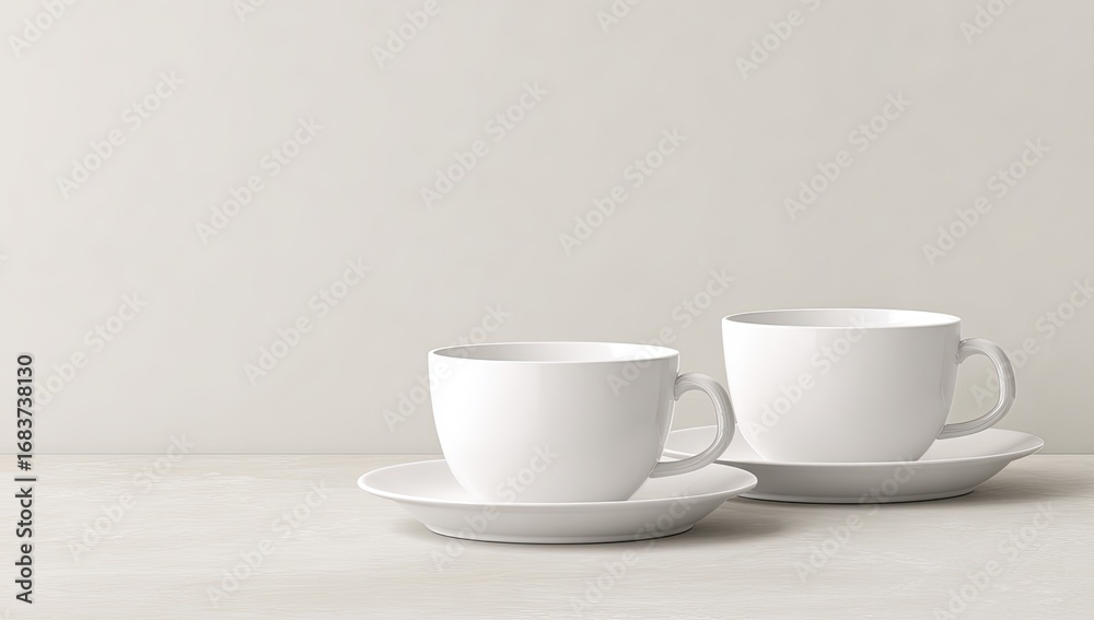 Fototapeta premium Two white coffee cups and saucers on a light-colored surface against a neutral background