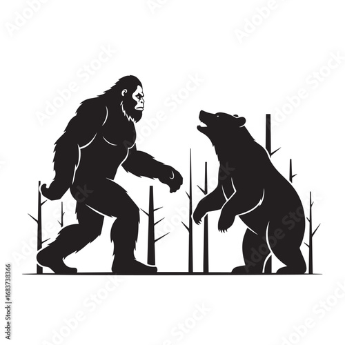 Bigfoot and Bear Confrontation in a Stylized Forest Silhouette