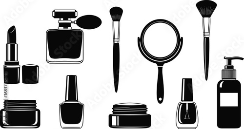 cosmetics, beauty, grooming, lipstick, perfume, makeup brush, mirror, lotion, nail polish, cream jar, icon, vector, black, white, silhouette, illustration, skincare, personal care, hygiene, bathroom