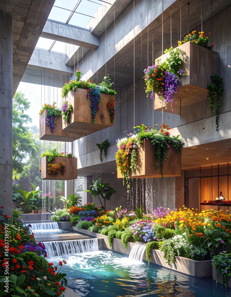 Naklejka premium Modern indoor garden with hanging planters and flowing water channels