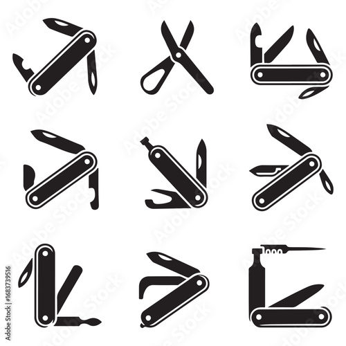 Set Swiss knife icon. Vector concept illustration for design. Vector black silhouette. with white background