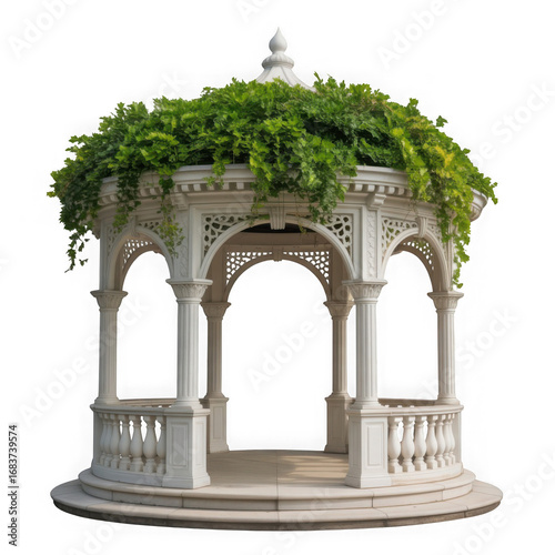 Elegant white marble gazebo with lush green vines and flowers isolated on transparent background