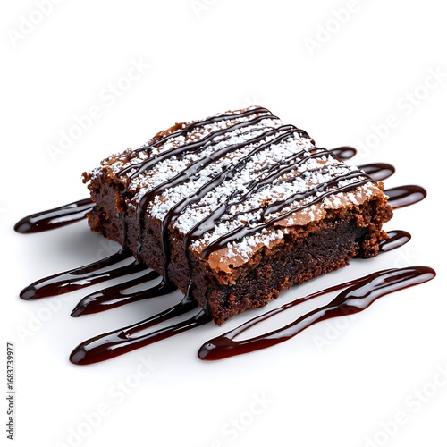 Indulgent chocolate brownie drizzled with rich fudge sauce and dusted with powdered sugar