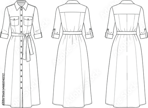 Shirt dress fashion flat sketch, long sleeve belted dress design, technical CAD vector, button down dress front and back view