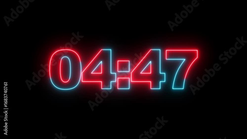 Glowing neon 5 minutes countdown with black background.5 Minute Digital Negative Countdown. seconds on transparent background 300 second countdown timer, Countdown video with alpha channel