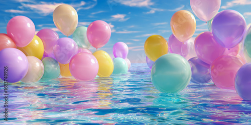 A pool filled with pastel-colored balloons floating on the water, creating an atmosphere of joy and celebration for summer-themed events or birthday celebrations