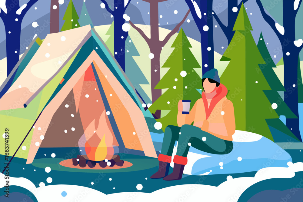 Fototapeta premium Mężczyzna relaksujący się przy ognisku na zimowym kempingu. Koncepcja przygody, spokoju i samotności w naturze.