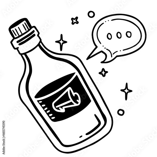 Captivating message in a bottle with a speech bubble and sparkling stars, perfect for announcements, ideas, and creative communication concepts.