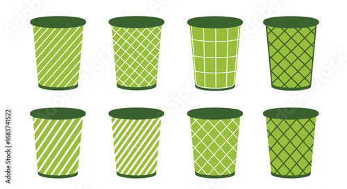 Collection of green trash cans with various patterns, including diagonal lines, squares, and grids, isolated on white background, vector illustration