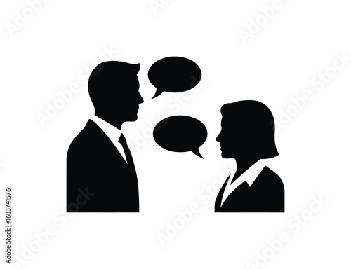 A man and a woman are having a conversation with speech bubbles on