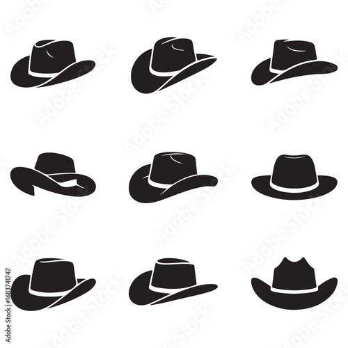Set Cowboy hat icon. Vector concept illustration for design. Vector black silhouette. with white background