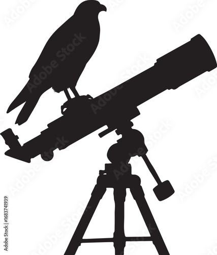 Black silhouette of a bird perched on a telescope on a tripod black and white