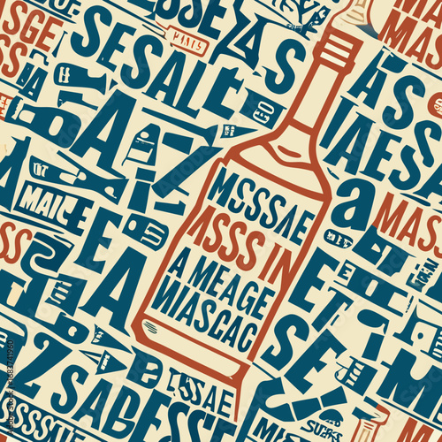 Artistic collage of mixed typography and a bottle illustration, creating a unique and eye-catching design, perfect for creative projects and striking visual communications