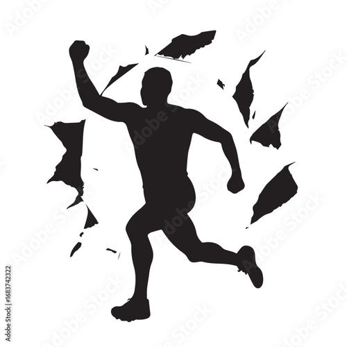 Black silhouette of a male runner breaking through a wall with a raised fist running