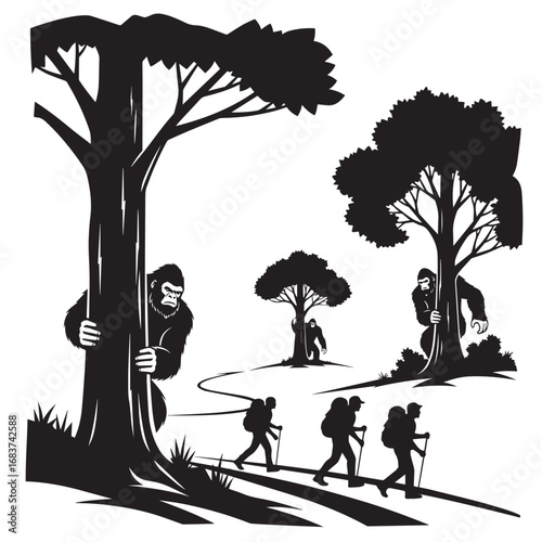 Hikers Encountering Gorillas in a Forest Setting