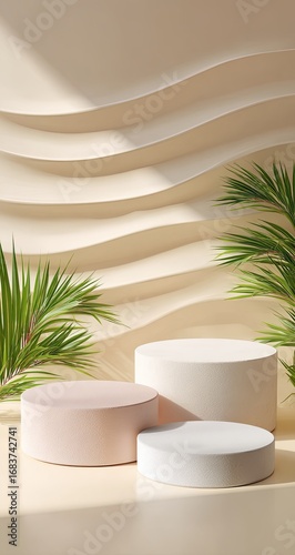 Wallpaper Mural Beige, pastel-colored podiums with tropical leaves.  Soft, sunlit, minimalist scene Torontodigital.ca