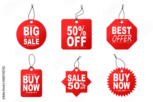 Realistic red price tags collection. Special offer or shopping discount label. Retail paper sticker. Promotional sale badge with text. Vector illustration. Black Friday and Cyber Week and Cyber Monday