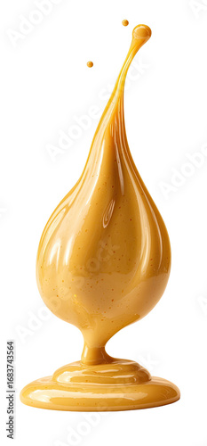 A golden-tan liquid, in a dramatic splash, drips and pools