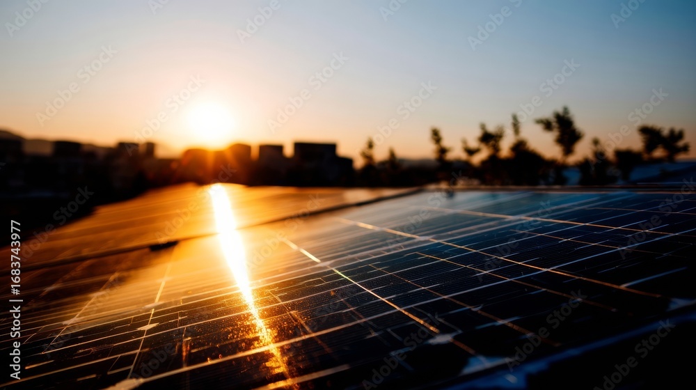 Obraz premium An array of solar panels installed on a rooftop with one glossy panel reflecting sunlight vividly,