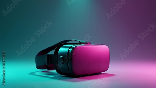 Futuristic virtual reality headset illuminated by vibrant neon pink and cyan lights, symbolizing immersive digital entertainment and the metaverse