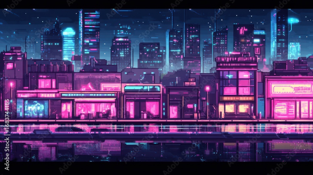 Obraz premium Pixelated cityscape glowing with neon lights, mirroring in a tranquil water surface at night