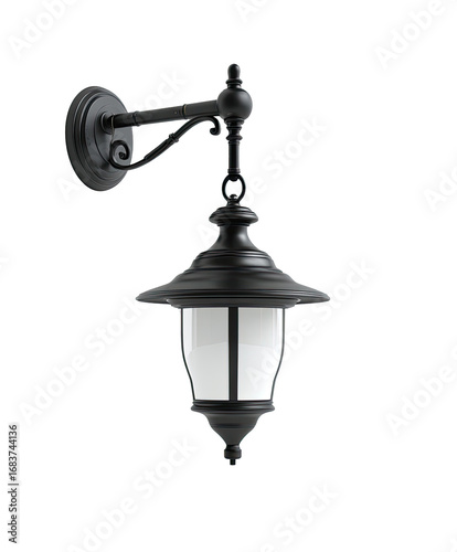 Black outdoor wall lantern.  Ornate, vintage-style design.  Dark metal housing.  Clear glass panels.  Mounted on wall