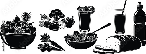Healthy food illustration, fruits and vegetables, salad bowl, bread slices, juice glass, water bottle, organic nutrition, diet meal