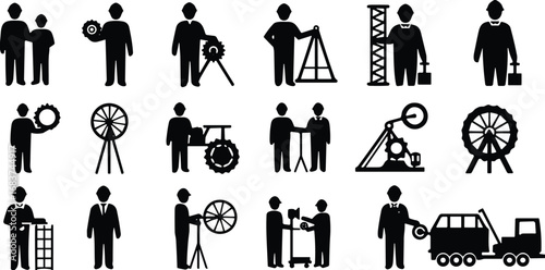 Engineering silhouette icons, teamwork, construction, mechanical work, technical professions, gear interaction, inspection, building, architecture, industrial design, collaboration, tools