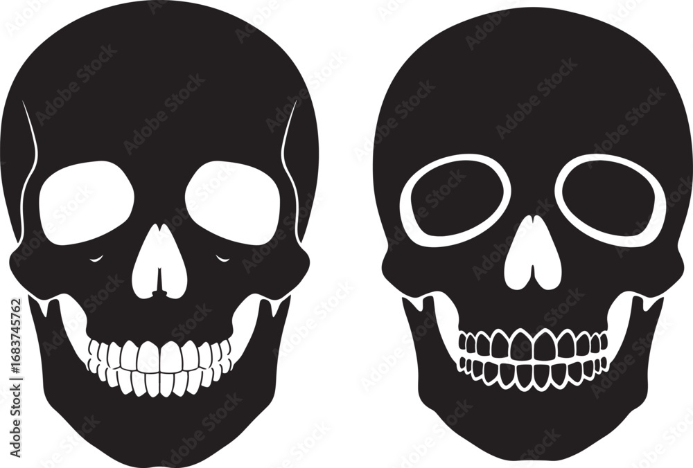 Fototapeta premium Two black skull silhouettes facing forward isolated on white background