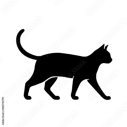 Black cat silhouette walking gracefully with a textured effect isolated on white background