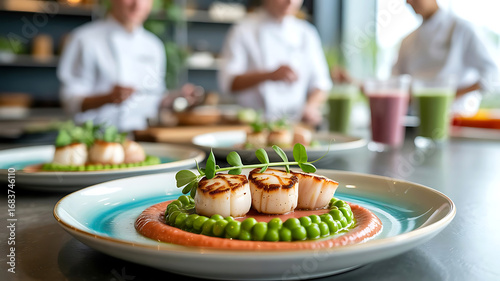 Master chefs artfully present seared scallops with vibrant pea puree and savory sauce