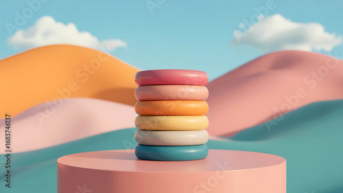 A stack of colorful smooth rings balanced on a pink pedestal against a dreamy landscape