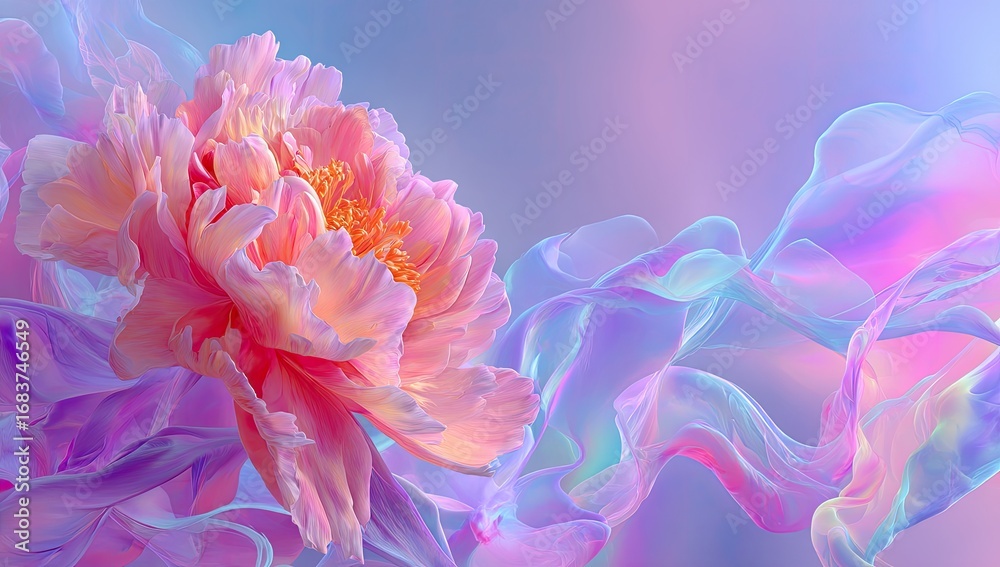 Obraz premium Delicate, pastel-hued peony flower with flowing fabric