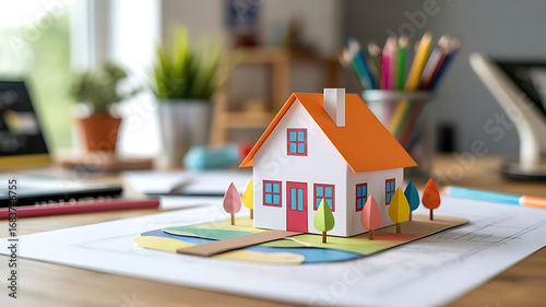Creative architectural model of a charming house on a desk with art supplies