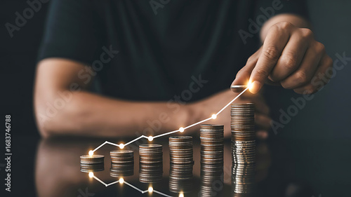 Person s hand arranging stacked coins to show a rising financial growth chart