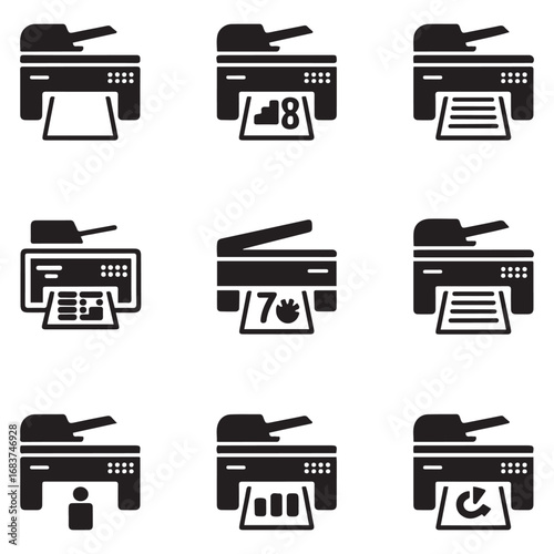 Set Multifunction printer icon. Vector concept illustration for design. Vector black silhouette. with white background