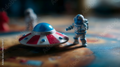 Wallpaper Mural Miniature toy figures of a UFO and an astronaut are arranged on a colorful play mat evoking themes of space explo n and imaginative adventure Torontodigital.ca