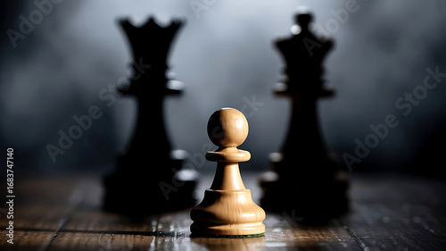 A lone white pawn stands defiantly before imposing dark king and queen chess pieces