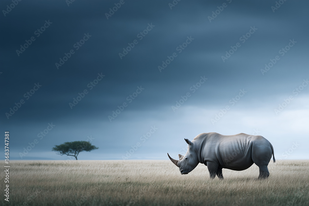 Obraz premium A solitary rhino standing in an expansive savanna under a dramatic sky
