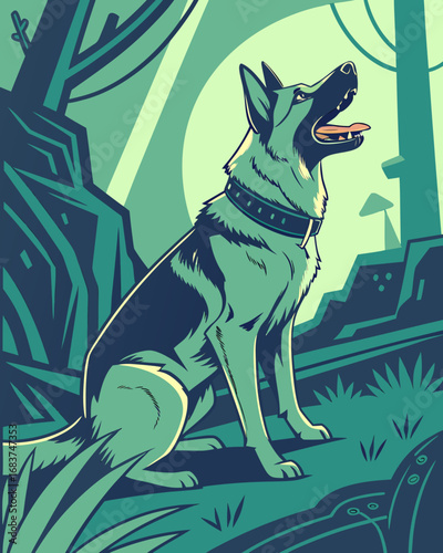 Loyal German Shepherd sits alertly in lush green forest, panting happily under soft light, embodying companionship and nature's beauty.